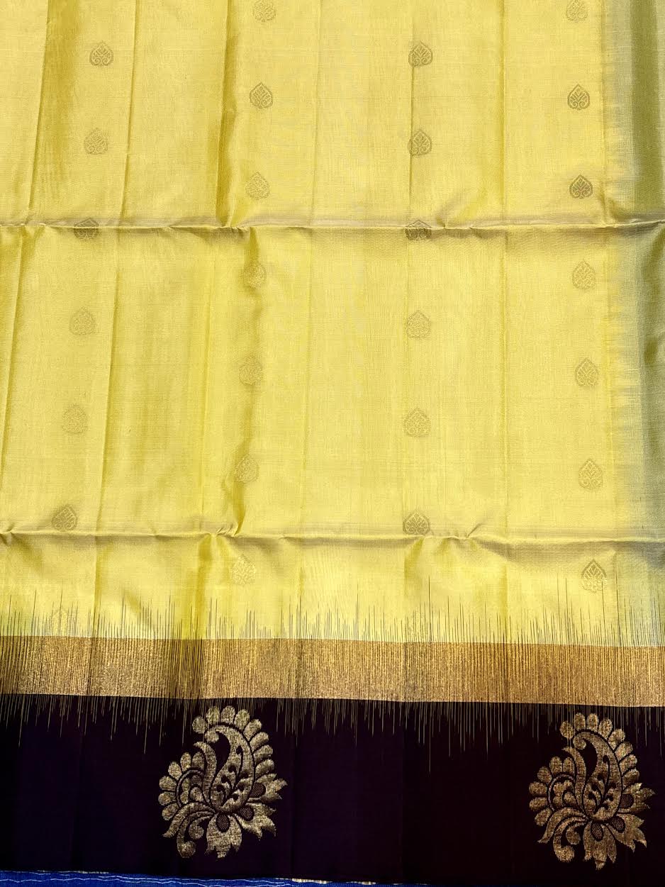 Lemon Yellow &amp; Deep Wine Kanchi Pattu Soft Silk Saree (Silk Mark Certified)