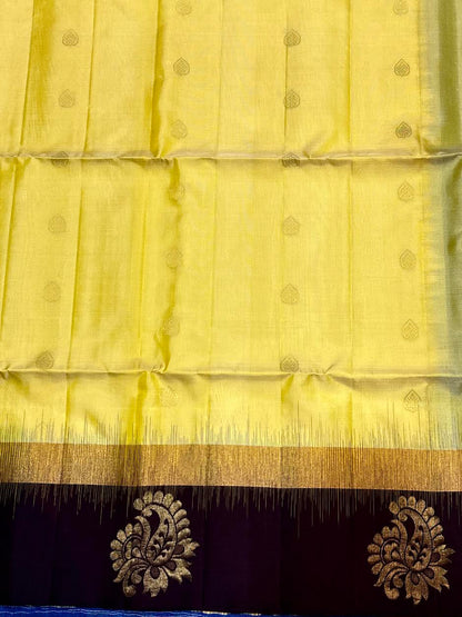 Lemon Yellow &amp; Deep Wine Kanchi Pattu Soft Silk Saree (Silk Mark Certified)
