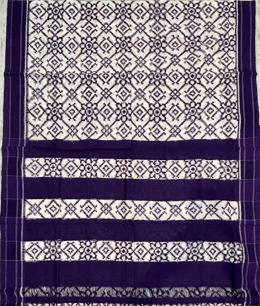 Handloom Telia Rumal Double Ikkat Cotton Saree in Royal Purple &amp; White