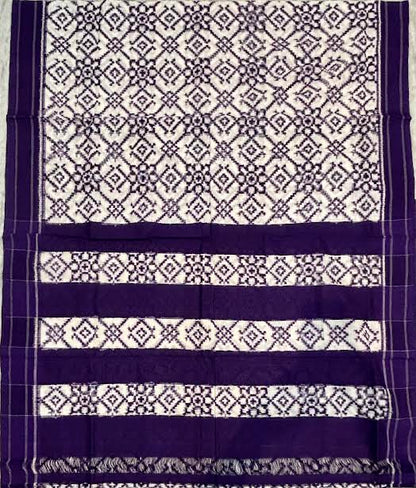 Handloom Telia Rumal Double Ikkat Cotton Saree in Royal Purple &amp; White
