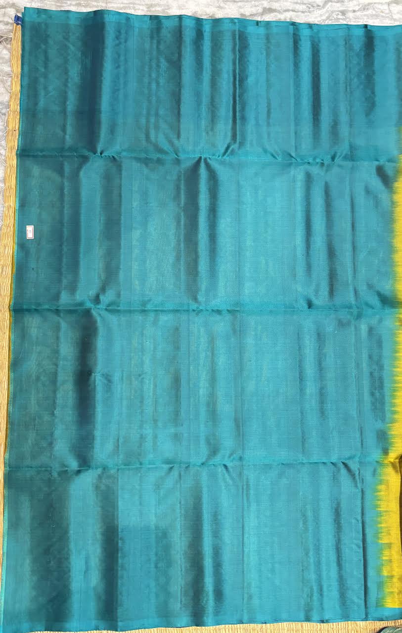 Mustard Olive Green &amp; Peacock Teal Kanchipuram Soft Silk Saree (Silk Mark Certified)