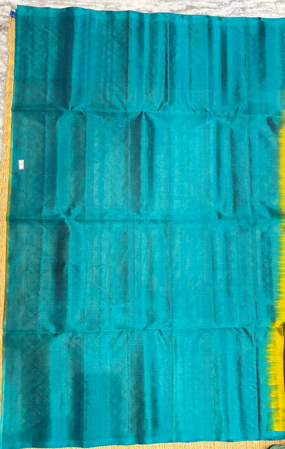 Mustard Olive Green &amp; Peacock Teal Kanchipuram Soft Silk Saree (Silk Mark Certified)
