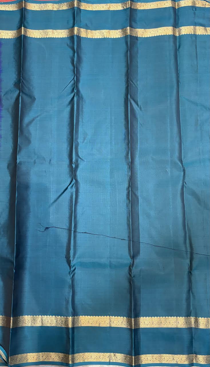 Traditional Violet Kanchipuram Checks Silk Saree with Teal &amp; Gold Border