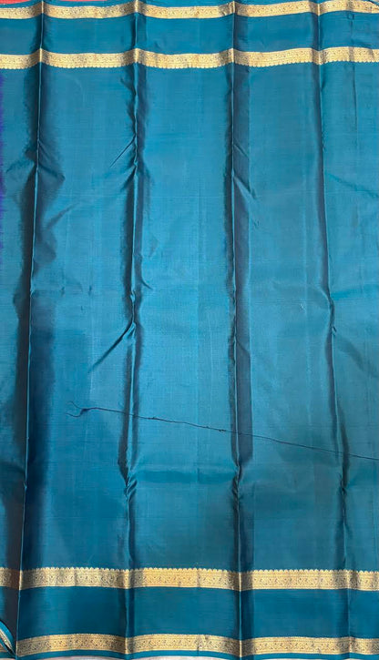 Traditional Violet Kanchipuram Checks Silk Saree with Teal &amp; Gold Border