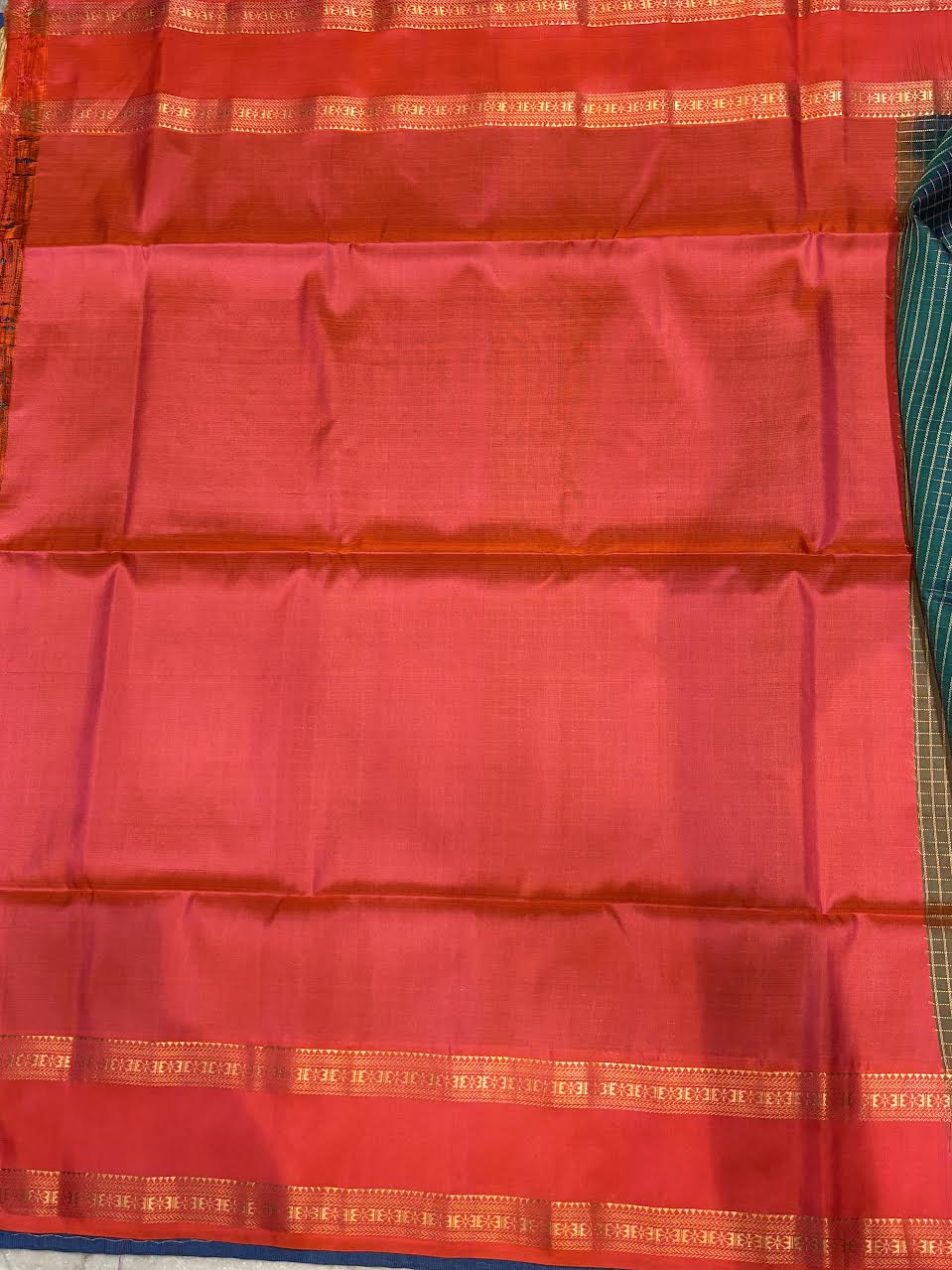 Peacock Green and Crimson Red Zari Check Silk Saree With Silk mark