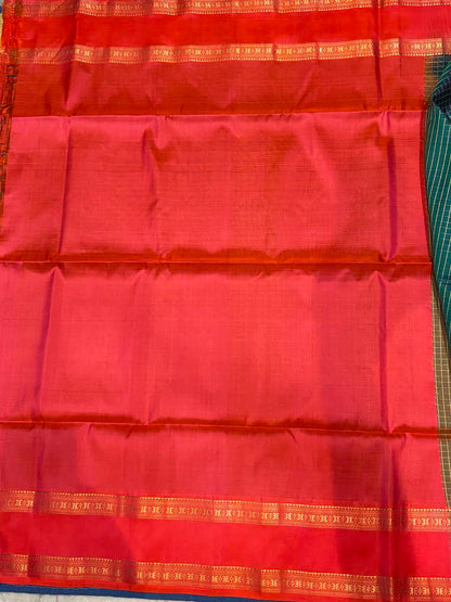Peacock Green and Crimson Red Zari Check Silk Saree With Silk mark