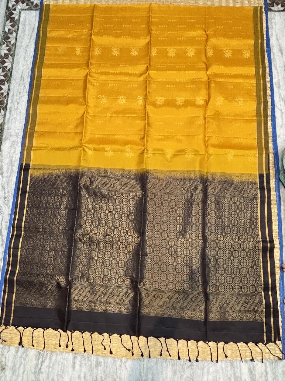 Mustard Yellow and Coffee Brown Kanchi Soft Silk Saree with Zari Pallu Silk Mark