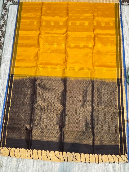 Mustard Yellow and Coffee Brown Kanchi Soft Silk Saree with Zari Pallu Silk Mark