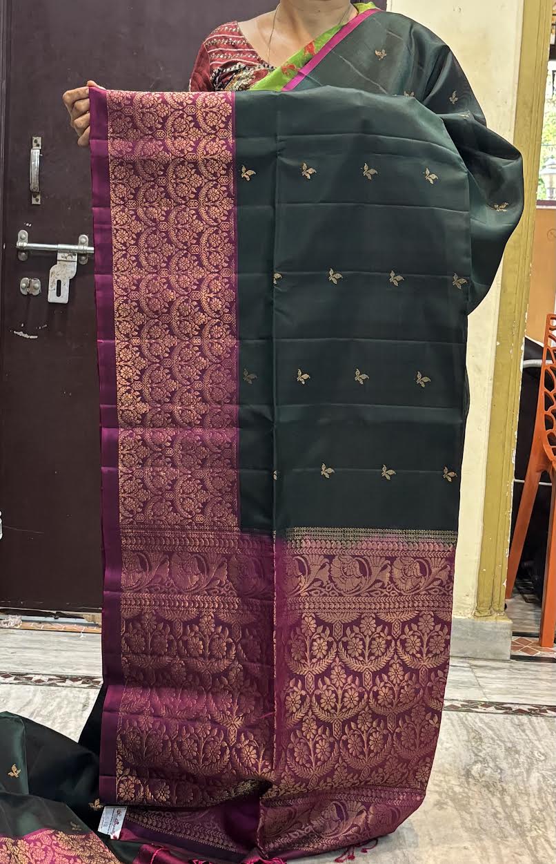 Pure Kanchi Soft Silk Saree in Bottle Green with Magenta Pink Zari Border | Silk Mark Certified