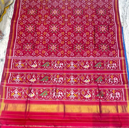 Maroon Real Ikkat Patola Silk Saree with Geometric Weave and Figural Border