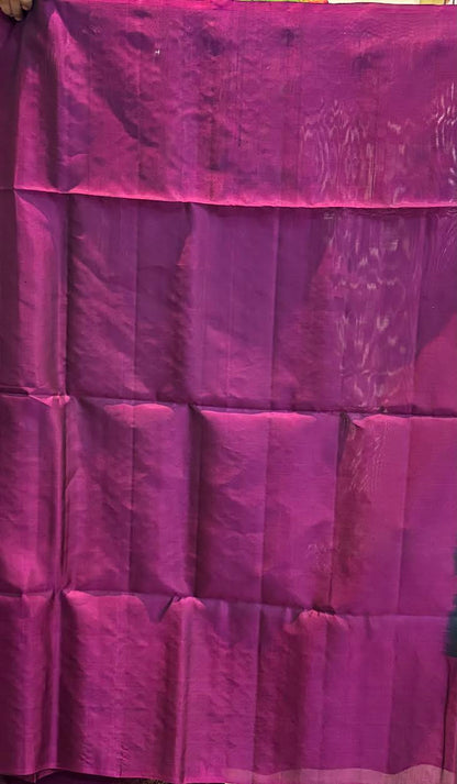 Pure Kanchi Soft Silk Saree in Bottle Green with Magenta Pink Zari Border | Silk Mark Certified