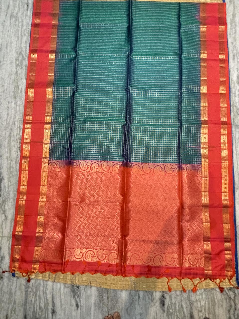 Peacock Green and Crimson Red Zari Check Silk Saree With Silk mark