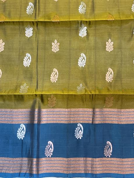 Olive Green &amp; Peacock Blue Handloom Silk Saree with Silver Zari Jaal Pallu