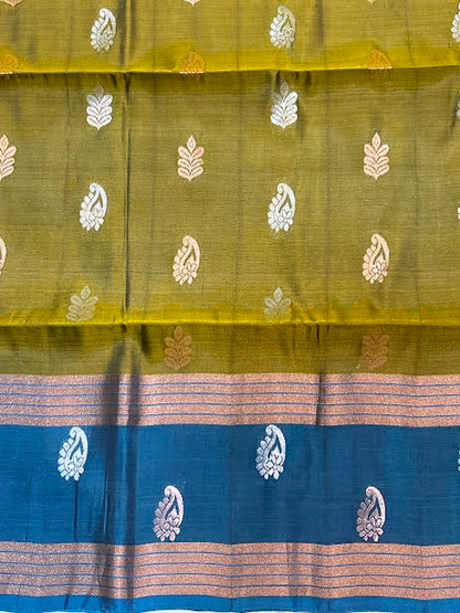 Olive Green &amp; Peacock Blue Handloom Silk Saree with Silver Zari Jaal Pallu