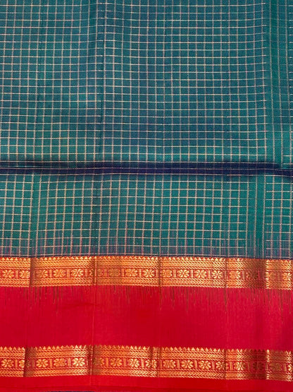 Peacock Green and Crimson Red Zari Check Silk Saree With Silk mark