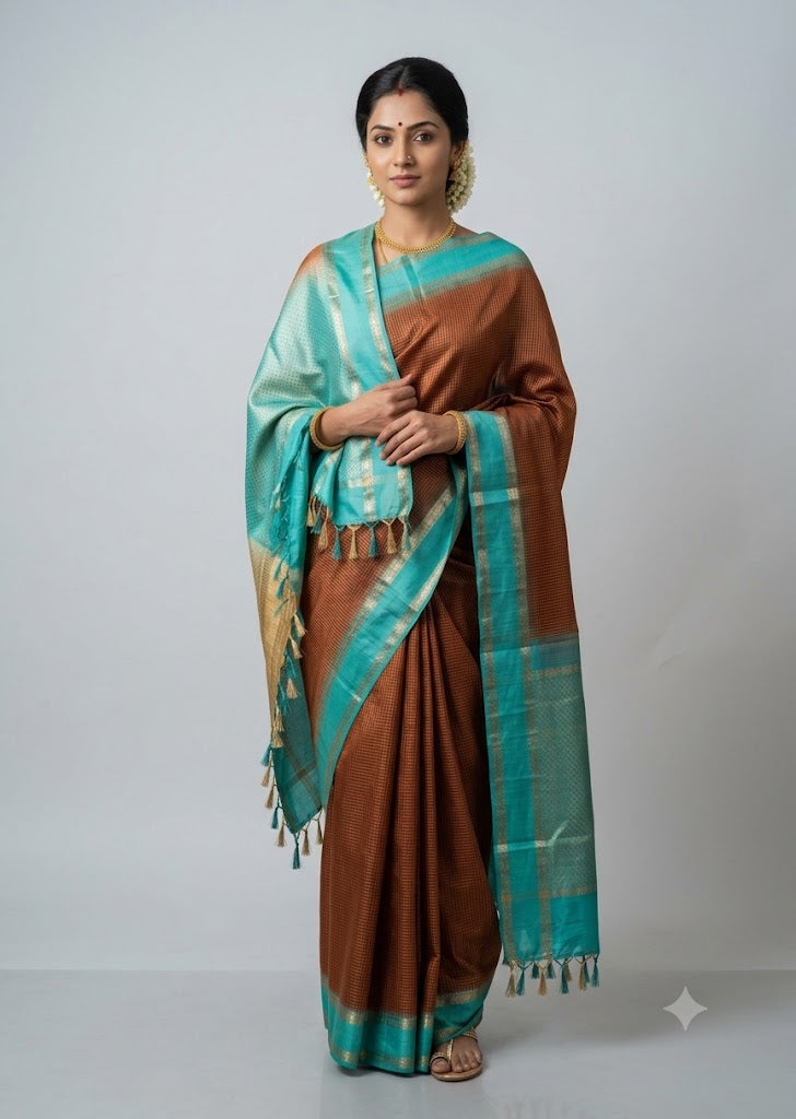 Woman posing in a traditional rust brown silk saree with turquoise zari border and pallu tassels