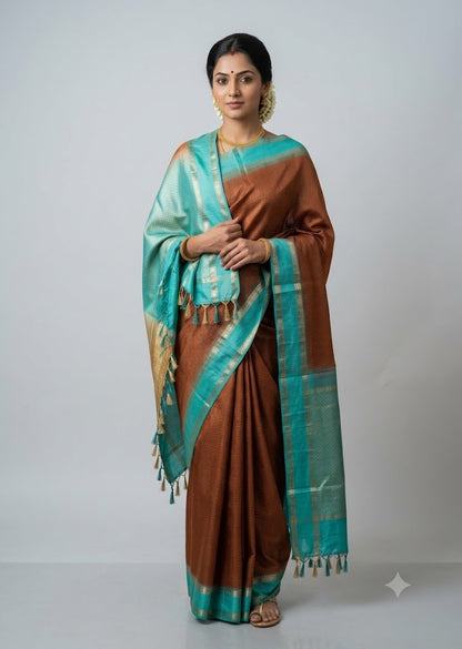 Woman posing in a traditional rust brown silk saree with turquoise zari border and pallu tassels