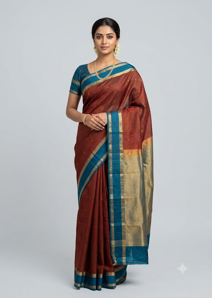 Traditional Indian woman posing in a deep rust red and peacock blue Kanchi silk saree with gold zari border.