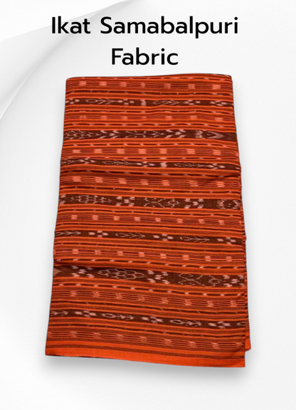 Folded orange and brown Sambalpuri pure cotton dress material Fabric featuring traditional Danti-Bandha Ikat patterns.