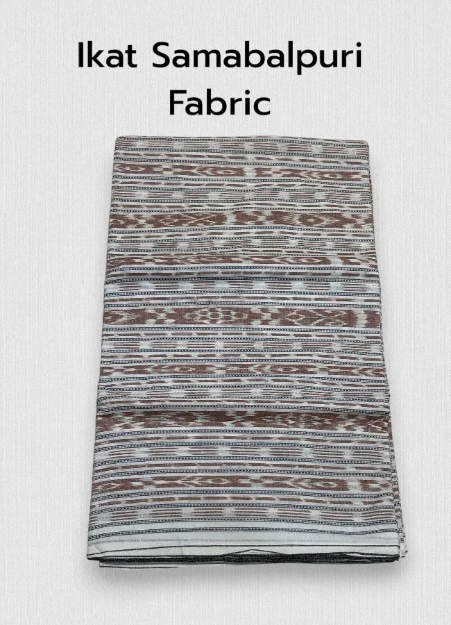 Folded Sambalpuri Ikat cotton fabric featuring traditional brown, black, and off-white horizontal woven patterns.
