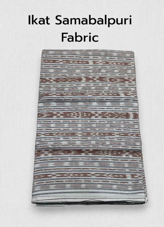 Folded Sambalpuri Ikat cotton fabric featuring traditional brown, black, and off-white horizontal woven patterns.