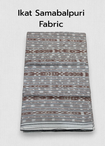 Folded Sambalpuri Ikat cotton fabric featuring traditional brown, black, and off-white horizontal woven patterns.