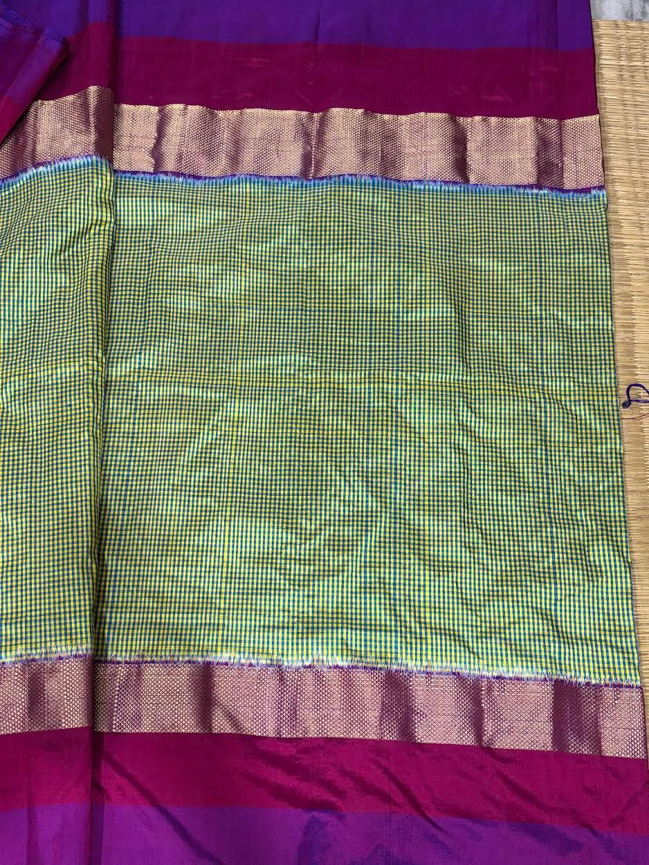Pure Pochampally Ikkat Silk Green Checks With Purple Sari - pochampallysarees.com
