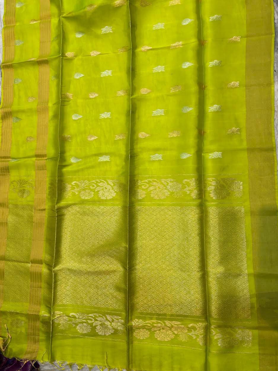 PURE SOFT SILK SAREE PARROT GREEN AND PARROT GREEN WITH ALLOVER BUTTI DESIGN WEAVES IN BORDER AND PALLU TISSUE STYLE - pochampallysarees.com