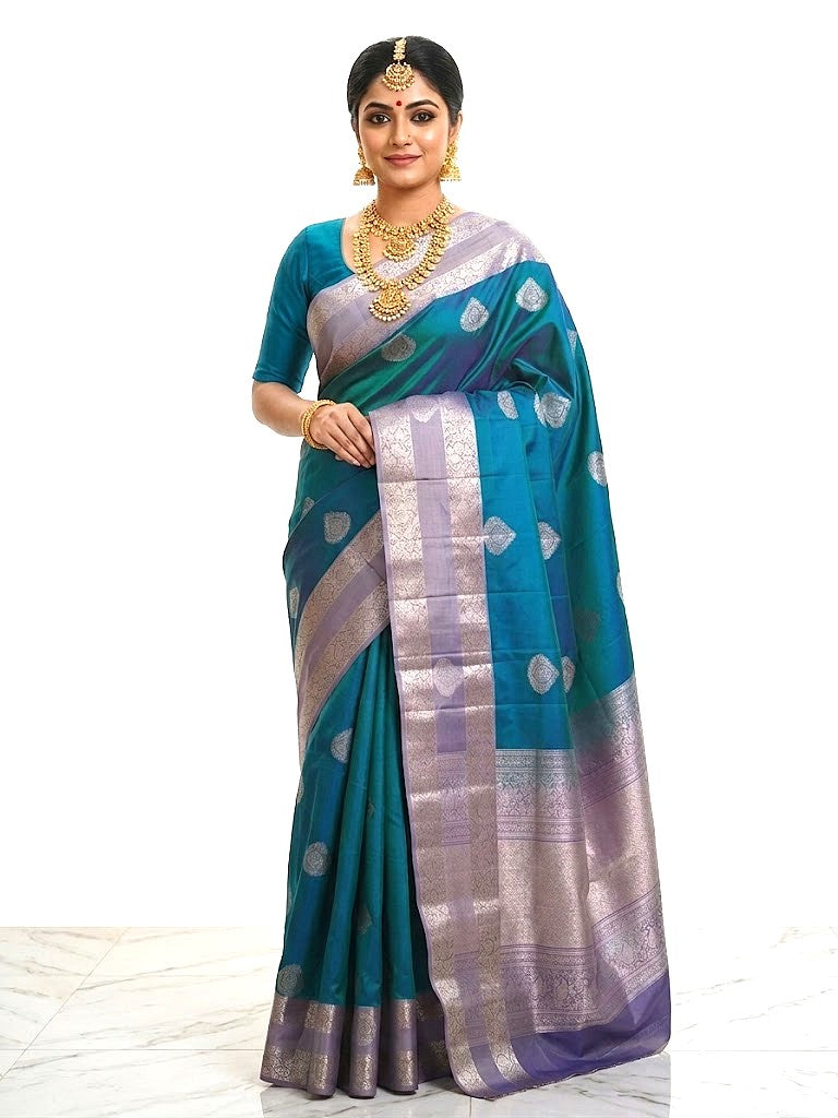Full-length view of a woman wearing an authentic teal blue and silver Kanjivaram silk saree with traditional gold jewelry and a patterned gold blouse on a marble floor. Includes intricate silver zari leaf motifs and purple pallu.
