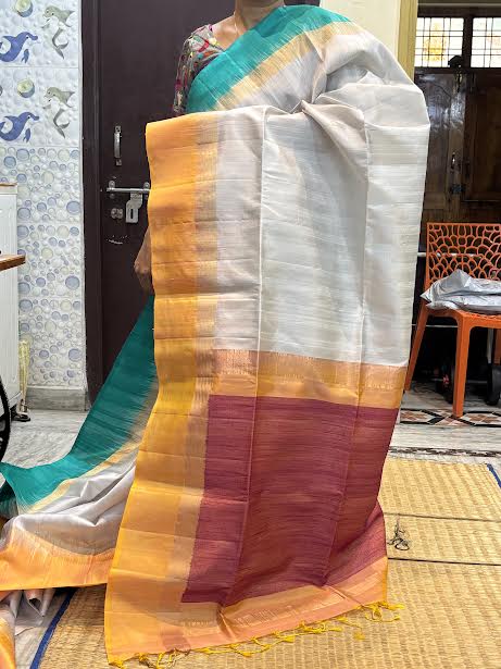 Traditional Off-White Silk Saree with Gold-Yellow Border &amp; Matching Blouse