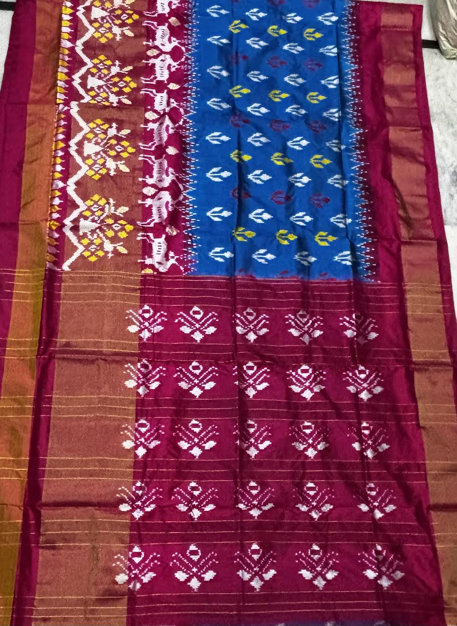 Authentic Blue and Pink Ikat Silk Saree with Zari Border