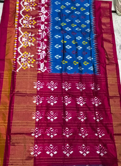 Authentic Blue and Pink Ikat Silk Saree with Zari Border