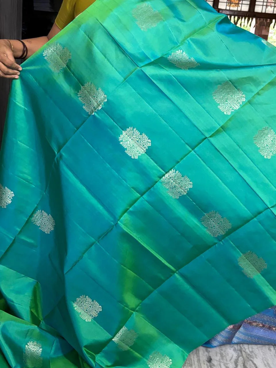 Sea Green Blue Color Designer Kanchi Pure Soft Silk Saree - pochampallysarees.com