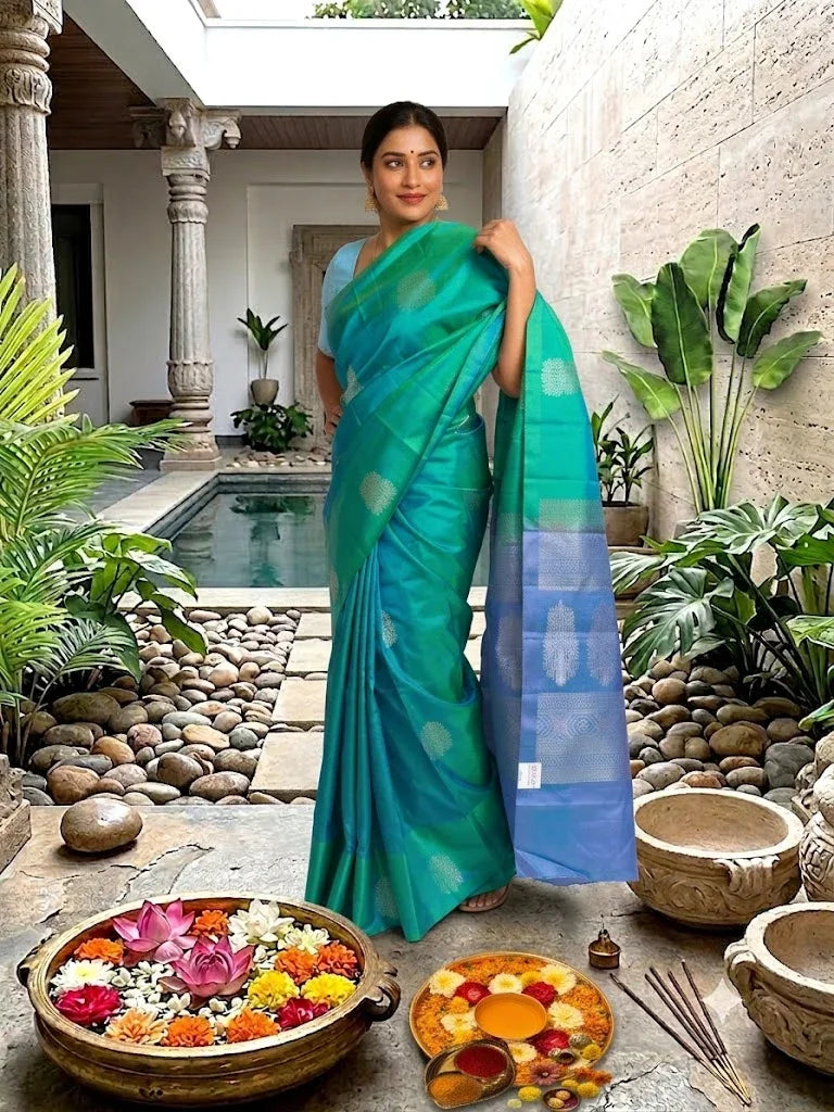Woman wearing a sea green silk saree with a light blue zari woven pallu in a courtyard setting