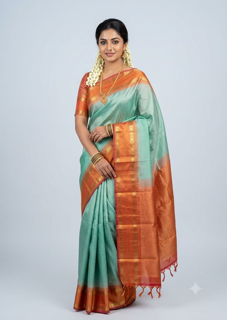 An authentic handwoven Kanchipuram silk saree with a Sea Green body and contrast Copper Orange border, verified with an official Silk Mark tag, as shown on a product showcase display.