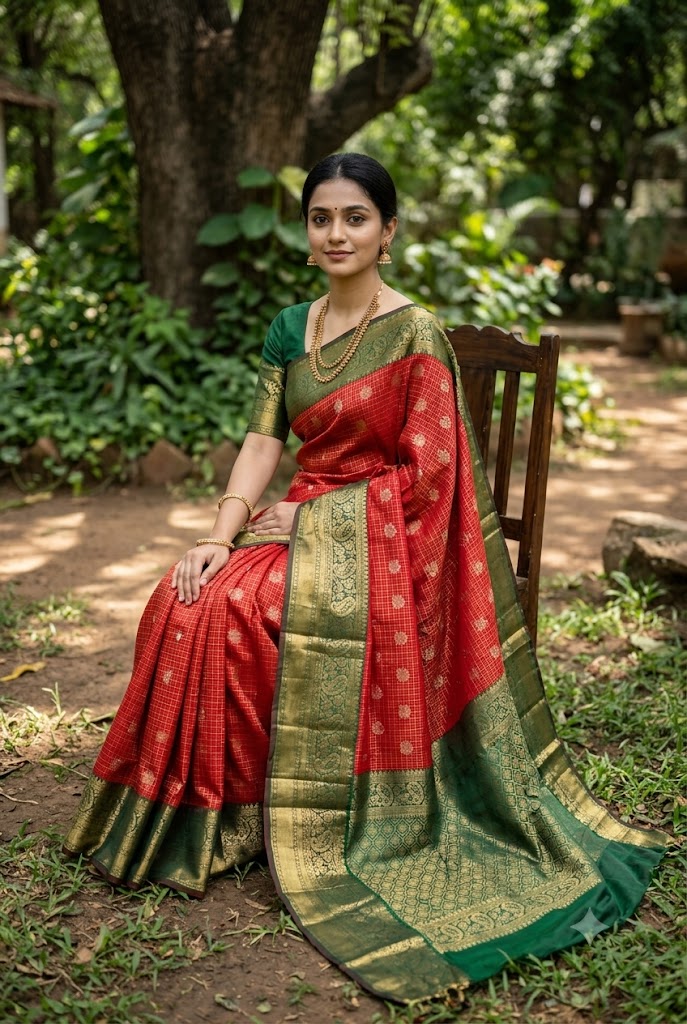 A graceful Indian woman seated on a wooden chair in a lush outdoor garden, wearing a crimson red semi-Dharmavaram silk saree with gold zari checks, a rich deep green contrast border, and an ornate pallu, styled with antique gold jewelry.