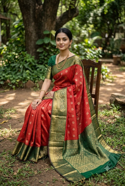 A graceful Indian woman seated on a wooden chair in a lush outdoor garden, wearing a crimson red semi-Dharmavaram silk saree with gold zari checks, a rich deep green contrast border, and an ornate pallu, styled with antique gold jewelry.