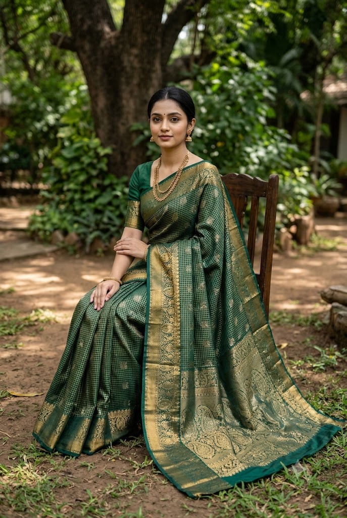 A graceful Indian woman seated on a wooden chair in a lush garden, wearing a rich emerald green semi-Dharmavaram silk saree with intricate gold zari checks and a heavy traditional border, styled with antique gold jewelry.