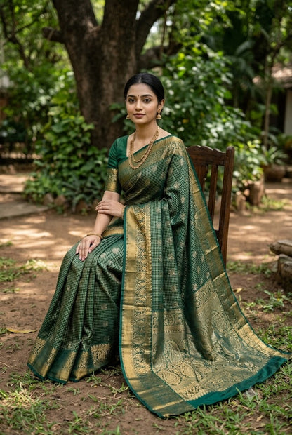 A graceful Indian woman seated on a wooden chair in a lush garden, wearing a rich emerald green semi-Dharmavaram silk saree with intricate gold zari checks and a heavy traditional border, styled with antique gold jewelry.