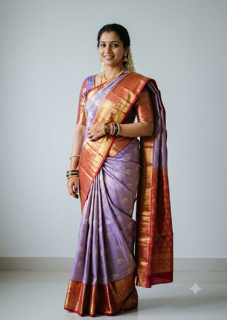 A beautiful woman smiling, wearing a traditional Semi Dharmavaram silk saree featuring a lavender body with peacock motifs and a rich, contrasting red border with heavy gold zari work.