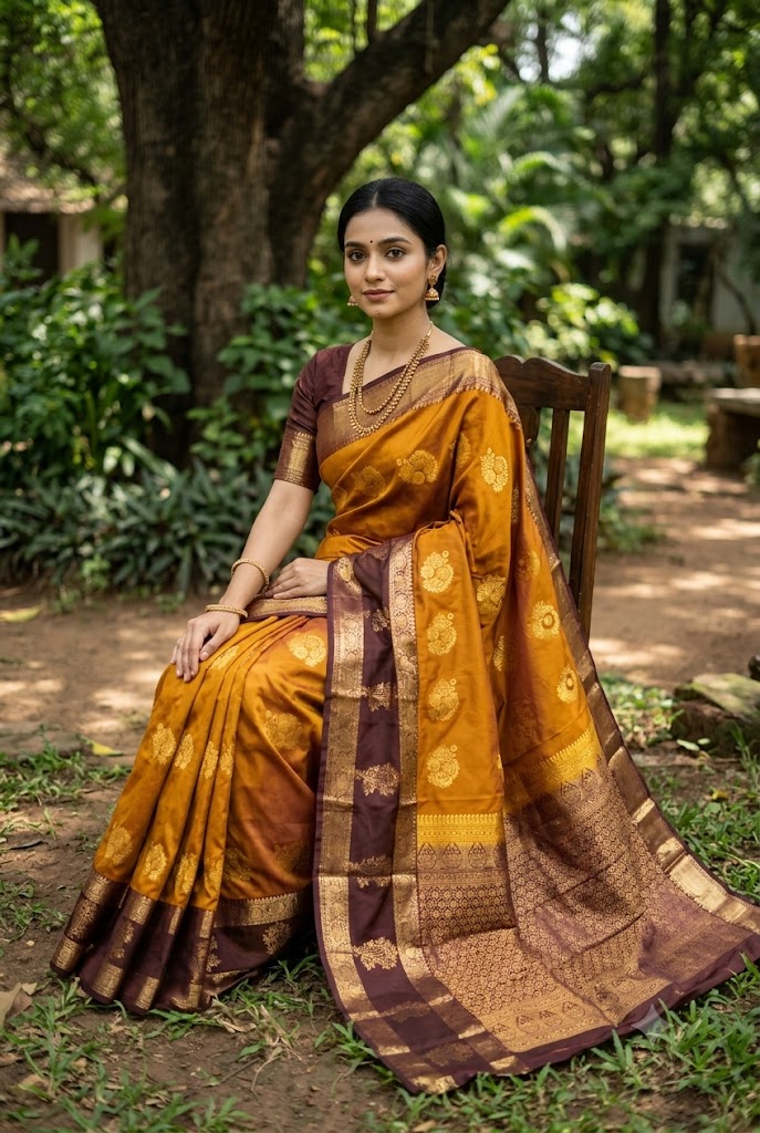 A graceful Indian woman seated on a wooden chair in a peaceful outdoor garden, wearing a vibrant mustard yellow and deep maroon semi-Dharmavaram silk saree adorned with gold zari motifs and a grand border, accessorized with traditional antique gold jewelry.