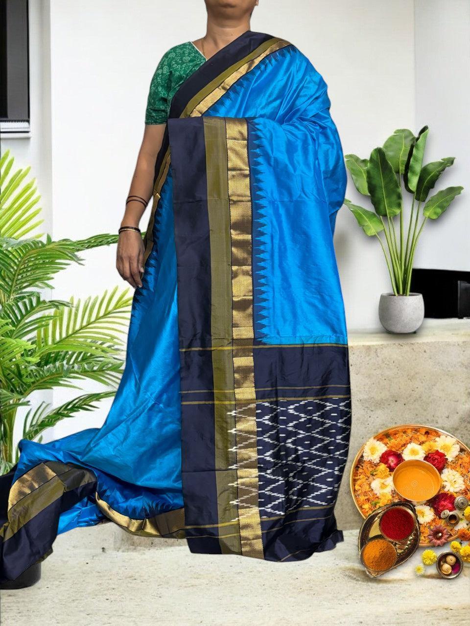 Semi Pochampally Ikkat Silk Blue Navy Blue Sari - pochampallysarees.com