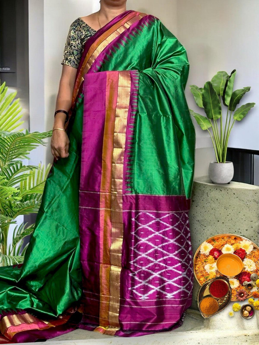 Semi Pochampally Ikkat Silk Green Mejenta Pink Sari - pochampallysarees.com