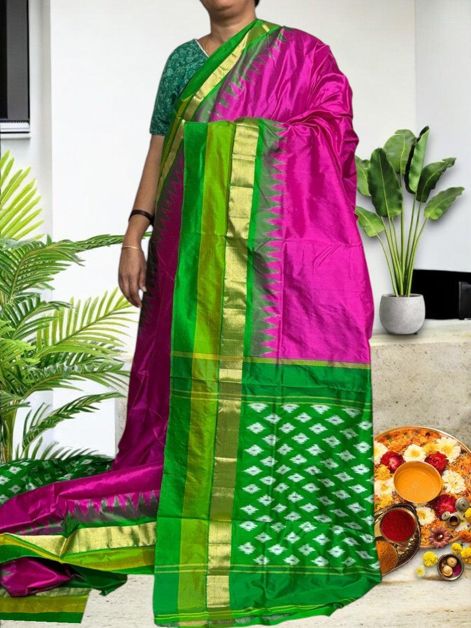 Semi Pochampally Ikkat Silk Pink Green Sari - pochampallysarees.com