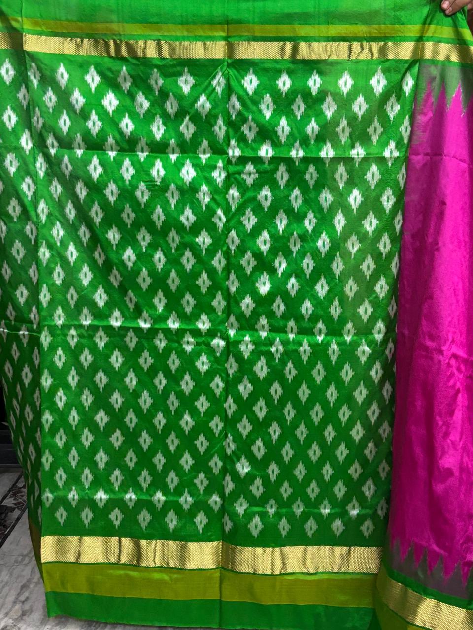 Semi Pochampally Ikkat Silk Pink Green Sari - pochampallysarees.com