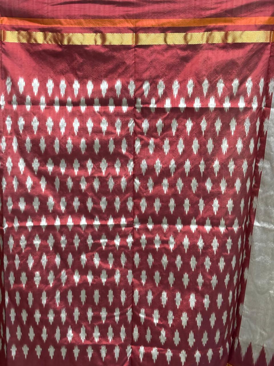 Semi Pochampally Ikkat Silk Silver gray Maroon Sari - pochampallysarees.com