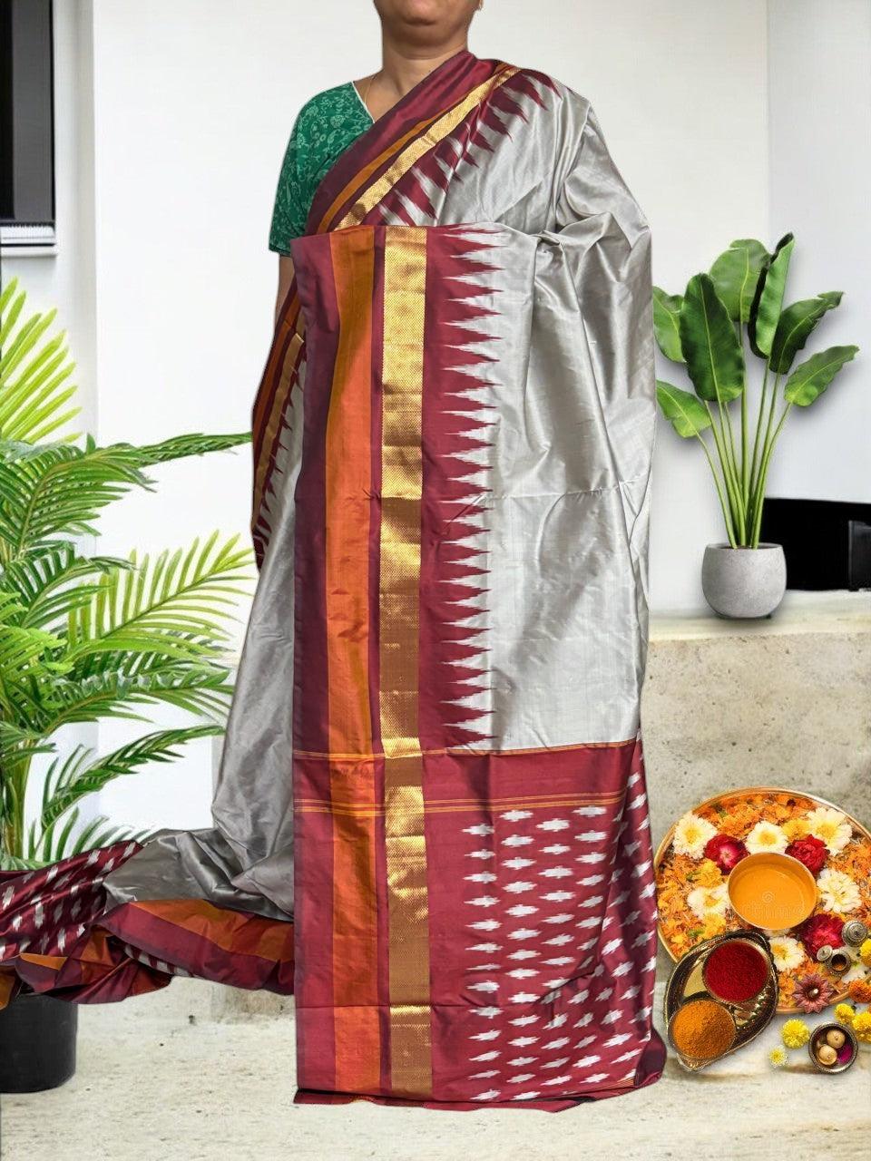 Semi Pochampally Ikkat Silk Silver gray Maroon Sari - pochampallysarees.com
