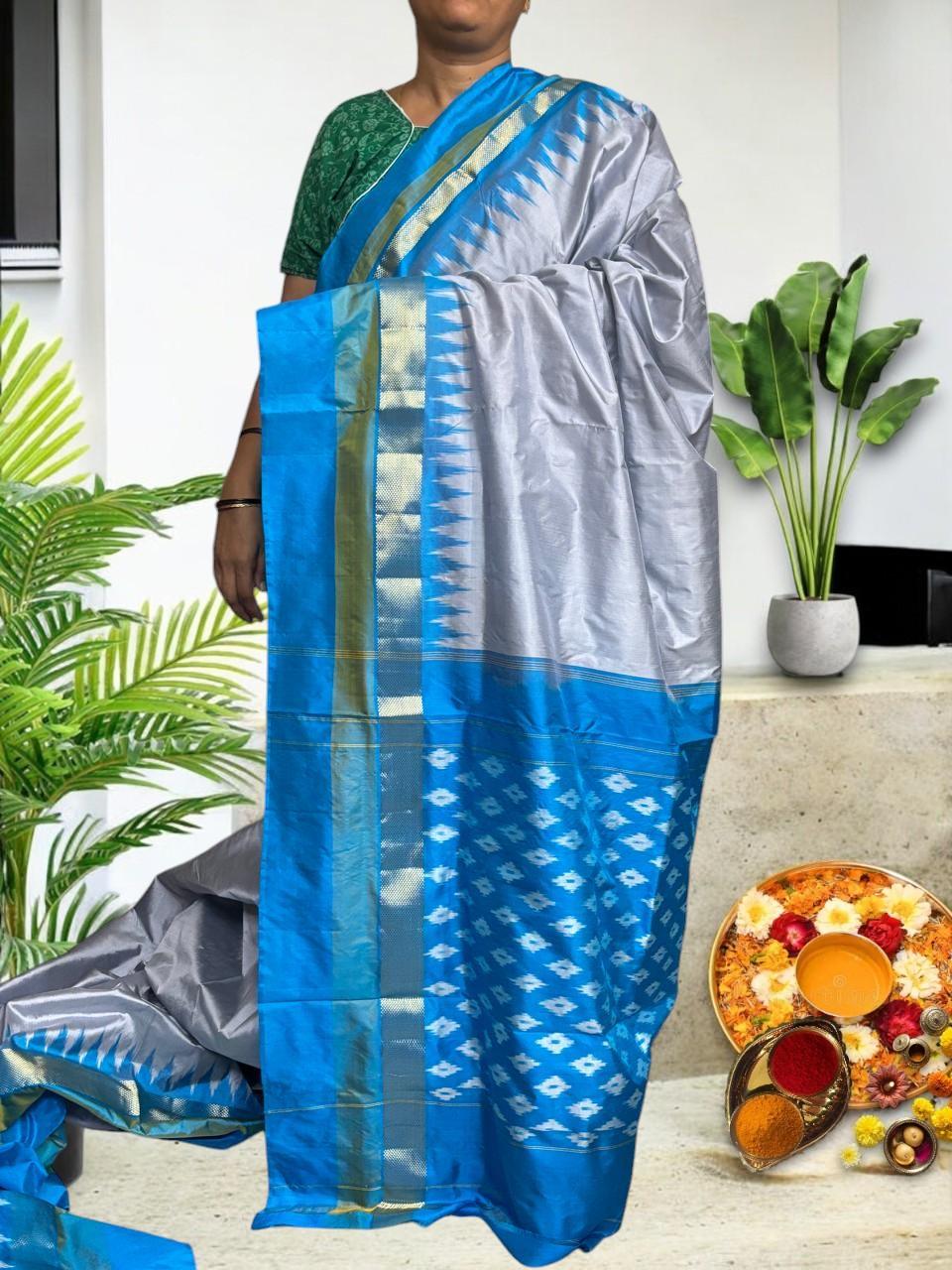 Semi Pochampally Ikkat Silk Silver White Blue Sari - pochampallysarees.com