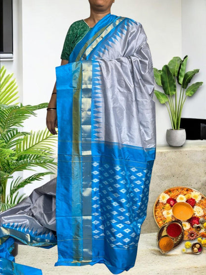 Semi Pochampally Ikkat Silk Silver White Blue Sari - pochampallysarees.com