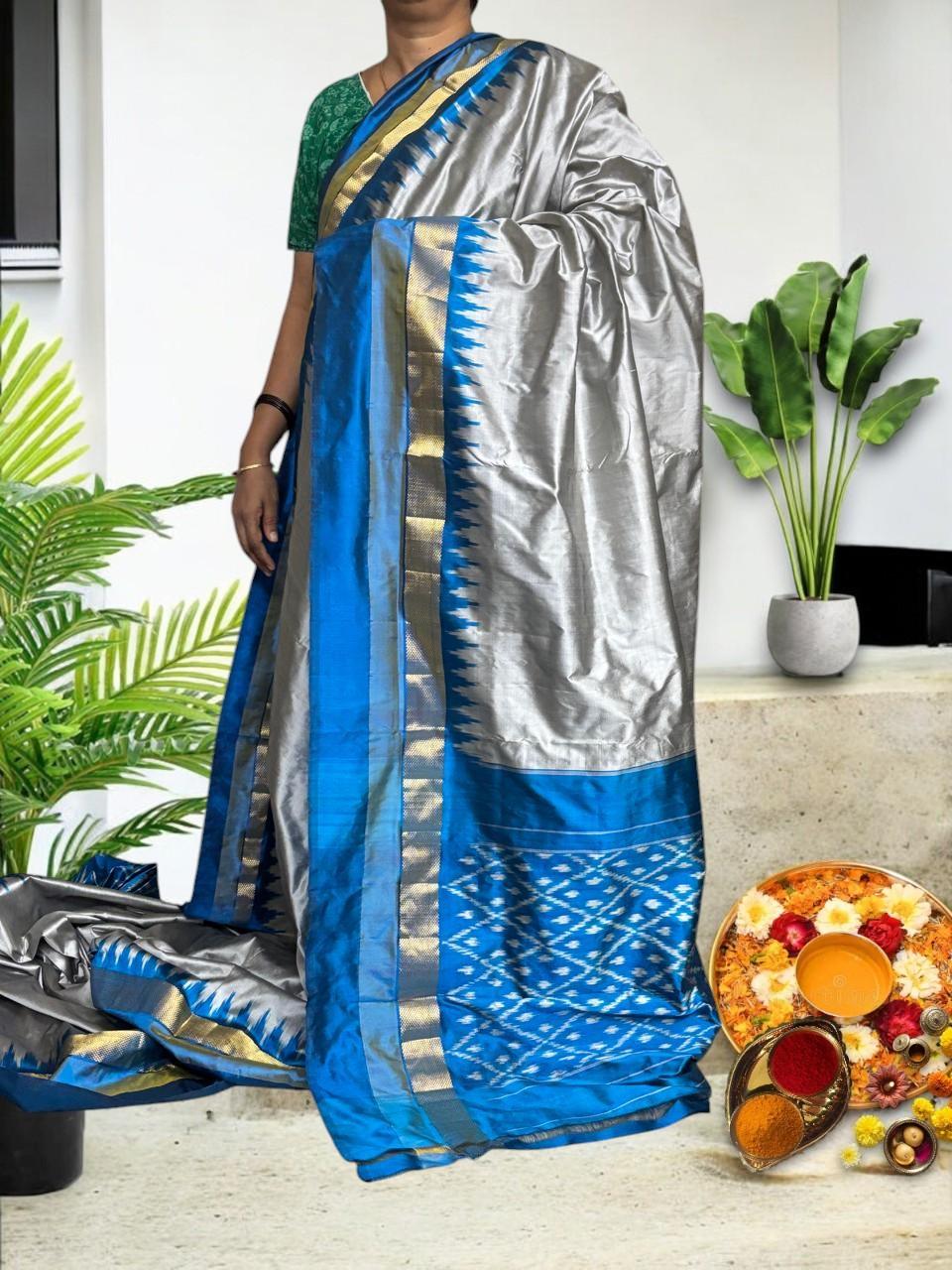 Semi Pochampally Ikkat Silk Silver White Blue Sari - pochampallysarees.com